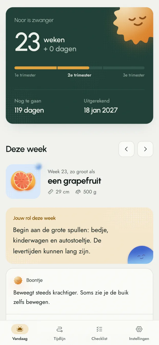 Het scherm Vandaag met de week en de grootte van de baby